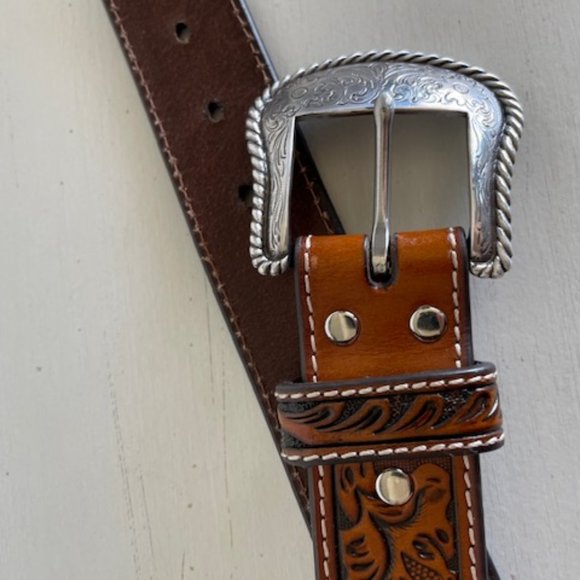 Western Tooled Nocona Leather Silver Buckle Belt 51 inch - Picture 5 of 8